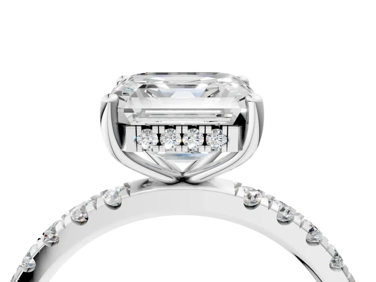 Asscher Cut Diamond Pave Band Solitaire Ring with Round and Prong Setting Platinum