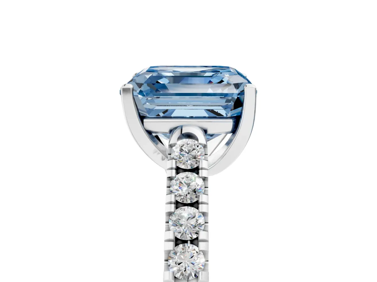 Fancy Blue Asscher Cut Diamond Pavé Band Solitaire Ring with Prong Setting Platinum