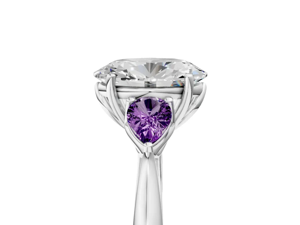 Oval Cut Diamond Three-Stone Ring with Pear Amethyst Side Stones and Prong Setting Silver