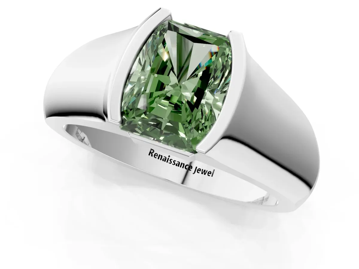 Fancy Green Radiant Cut Solitaire Bezel Set Diamond Ring with Wide Band Platinum