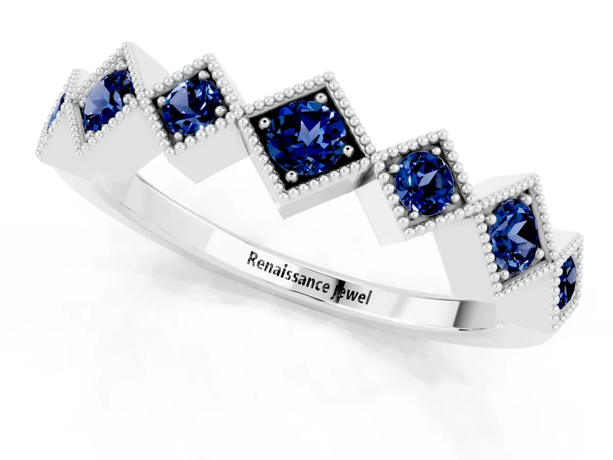 Milgrain Square Bezel Round Blue Sapphire Chevron Band White gold