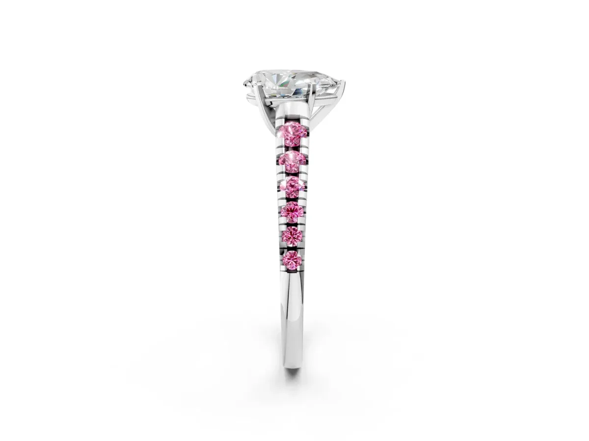 Pear Cut Diamond Cathedral Solitaire Ring with Round Pink Sapphire Pavé Band Silver