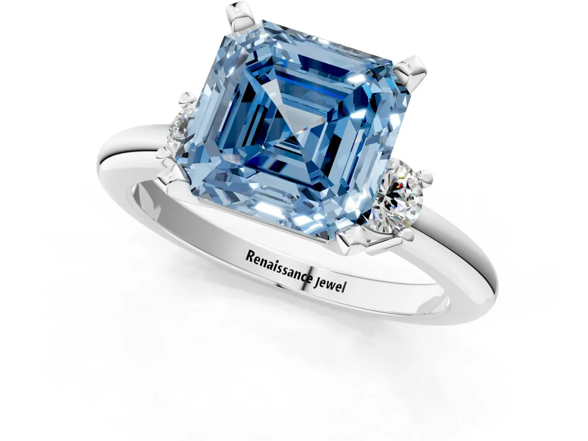 Fancy Blue Three-Stone Asscher Cut Cut Diamond Solitaire with Prong Setting and Classic Band Platinum
