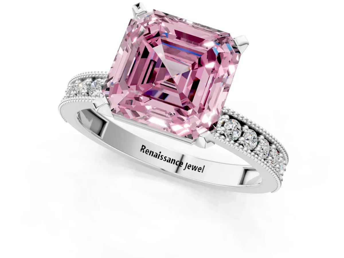 Fancy Pink Asscher Cut Diamond Milgrain Pavé Engagement Ring with Four-Prong Setting Platinum