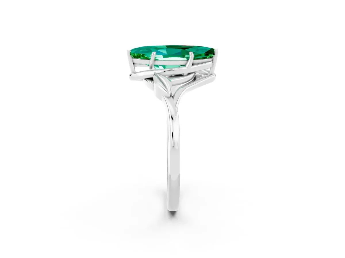 Marquise Cut Emerald Solitaire Ring with Twist Band and Four-Prong Setting Platinum