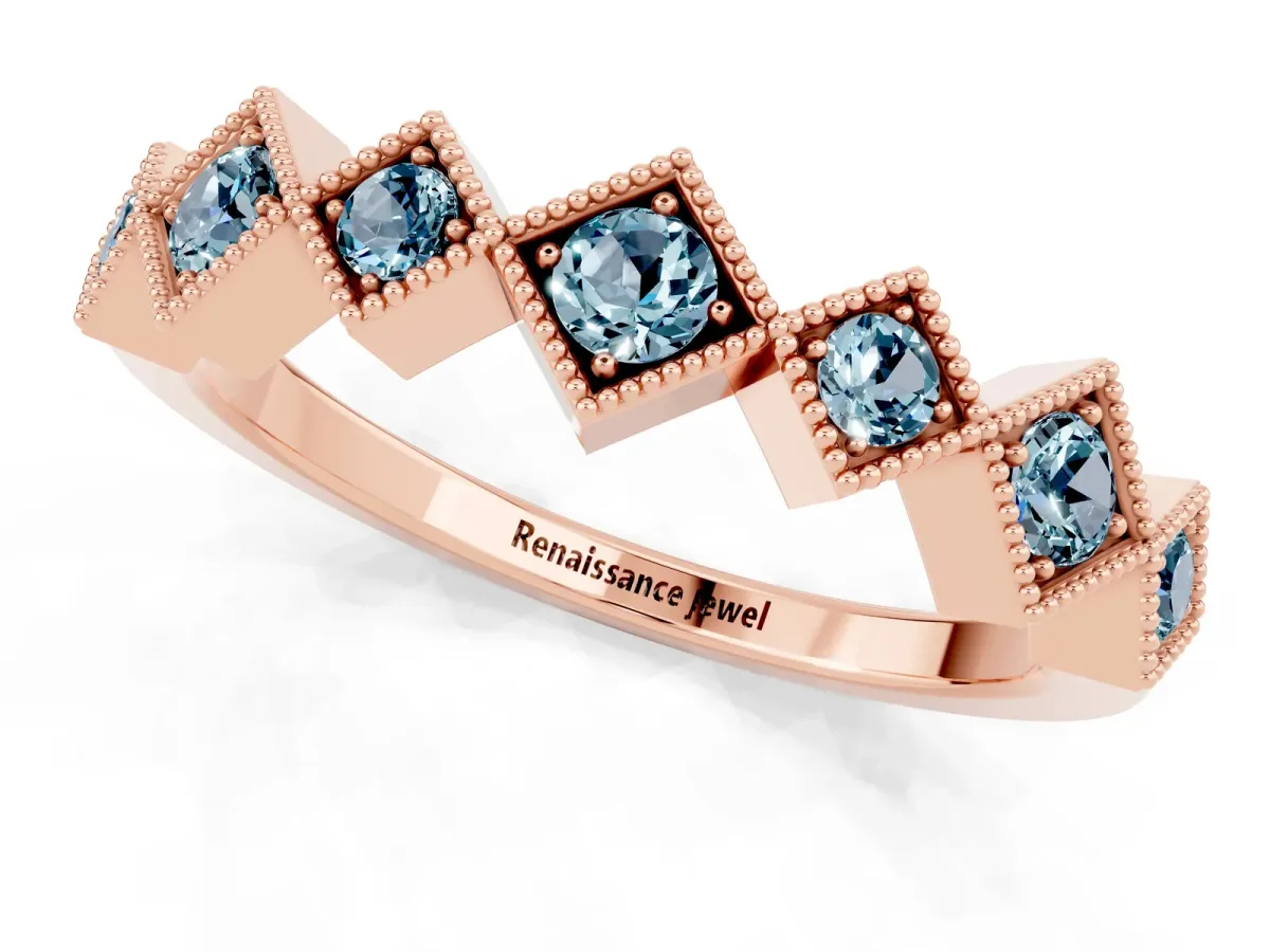 Milgrain Square Bezel Round Aquamarine Chevron Band Rose gold