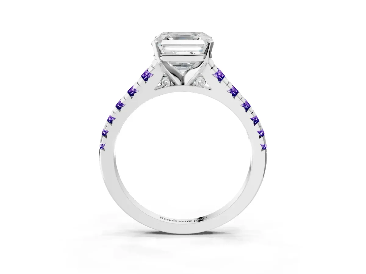 Asscher Cut Diamond Cathedral Solitaire Ring with Round Tanzanite Pavé Band Silver
