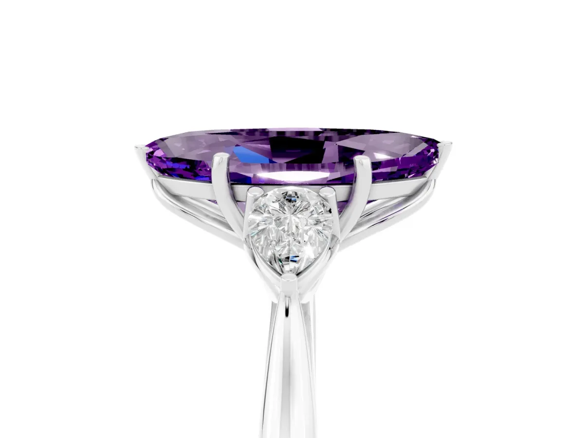 Marquise Cut Amethyst Three-Stone Ring with Pear Side Stones and Prong Setting Silver