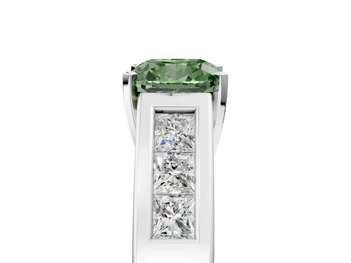 Fancy Green Cushion Cut Cut Channel Set Solitaire Ring with Four-Prong Setting Silver