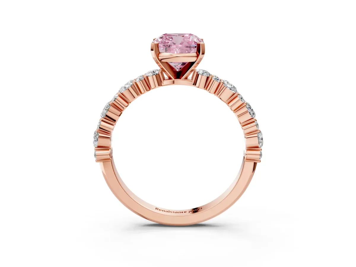 Fancy Pink Cushion Cut Diamond Side Stone Solitaire Ring with Round and Four-Prong Setting Rose gold