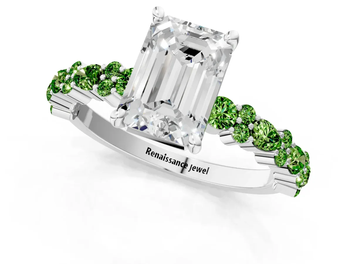 Emerald Cut Diamond Side Stone Solitaire Ring with Round Peridot and Four-Prong Setting Platinum