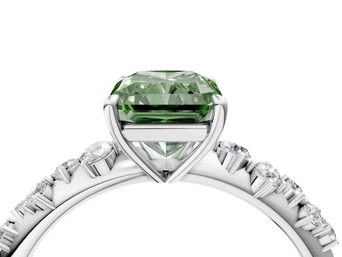 Fancy Green Radiant Cut Diamond Cluster Side Stone Solitaire Ring with Prong Setting Platinum
