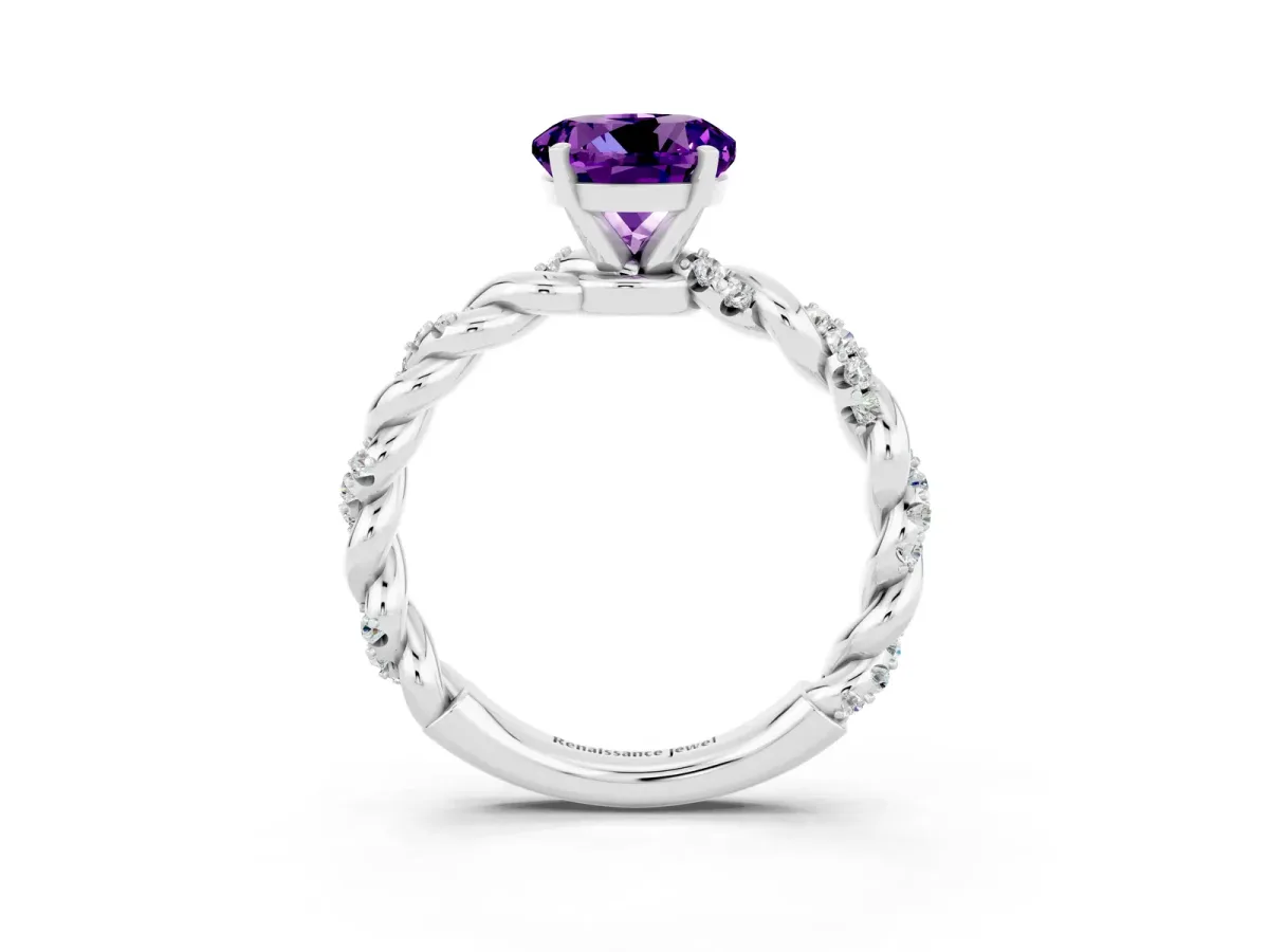 Round Cut Amethyst Solitaire Ring with Twisted Band and Pavé Accents Silver