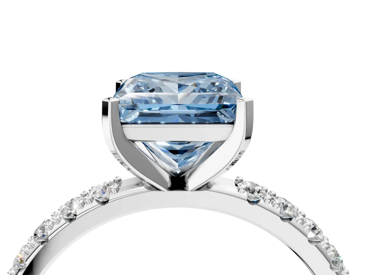 Fancy Blue Princess Cut Diamond Solitaire Pavé Band with Four-Prong Setting Silver