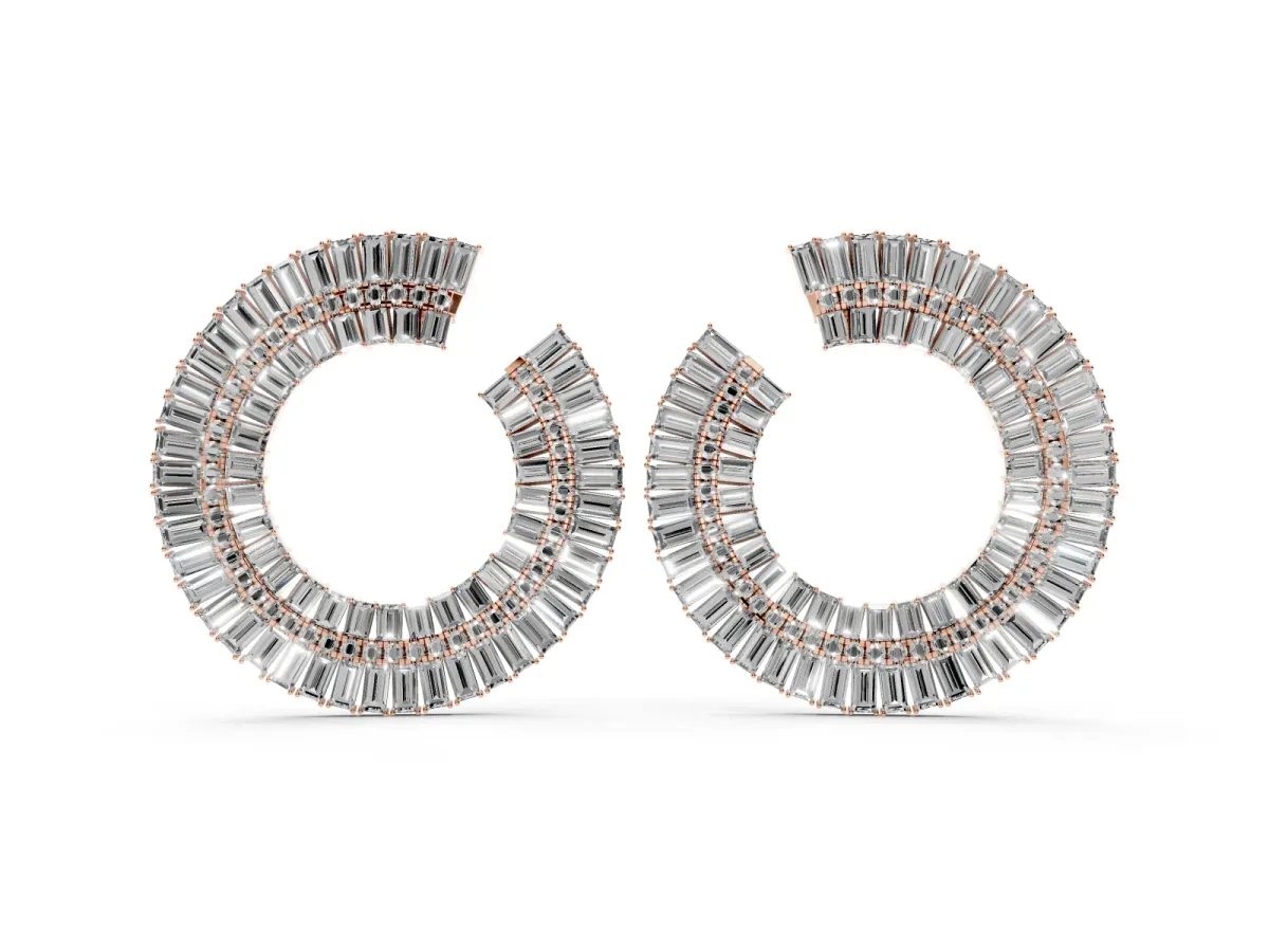 Baguette and Round Diamond Fanned Hoop Earrings Rose gold