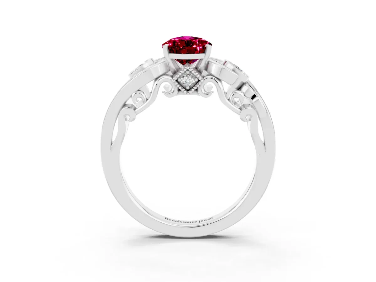 Pear Cut Garnet Solitaire Ring with Milgrain Pavé Band and Four-Prong Setting Silver