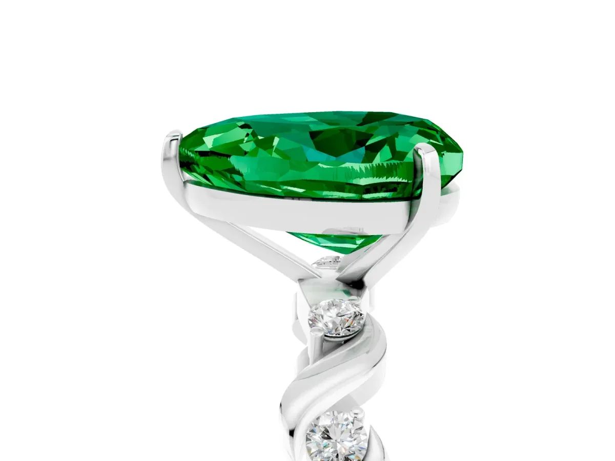 Heart Cut Emerald Solitaire Twisted Band with Round Accents and Prong Setting Silver