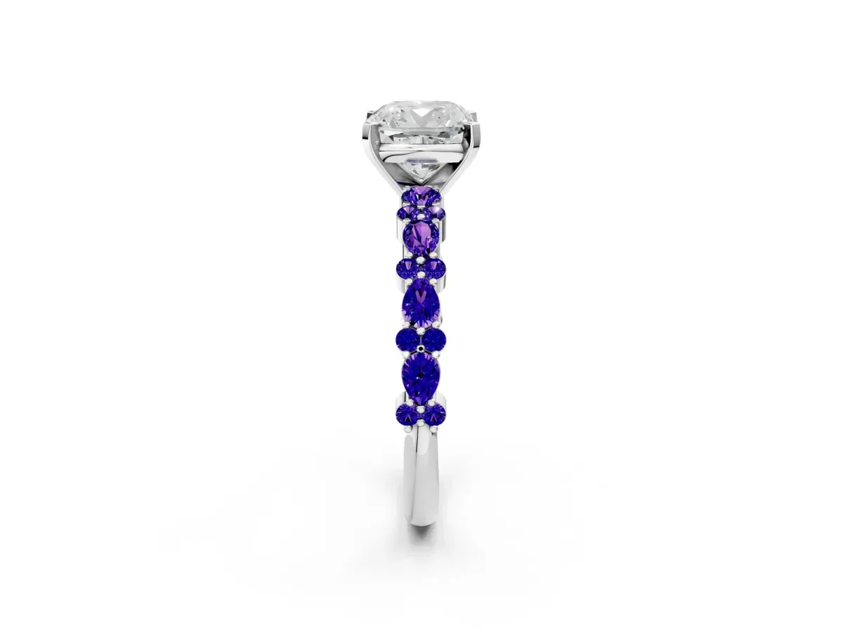 Cushion Cut Diamond Side Stone Solitaire Ring with Round Tanzanite and Four-Prong Setting Platinum