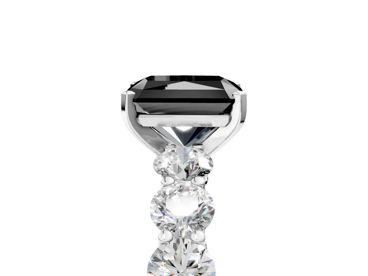Fancy Black Radiant Cut Diamond Prong Setting with Side Stones on a Pave Band Silver