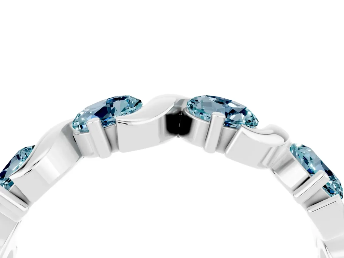 Six-Stone Round Aquamarine Wave Band with Shared Prong Setting Platinum