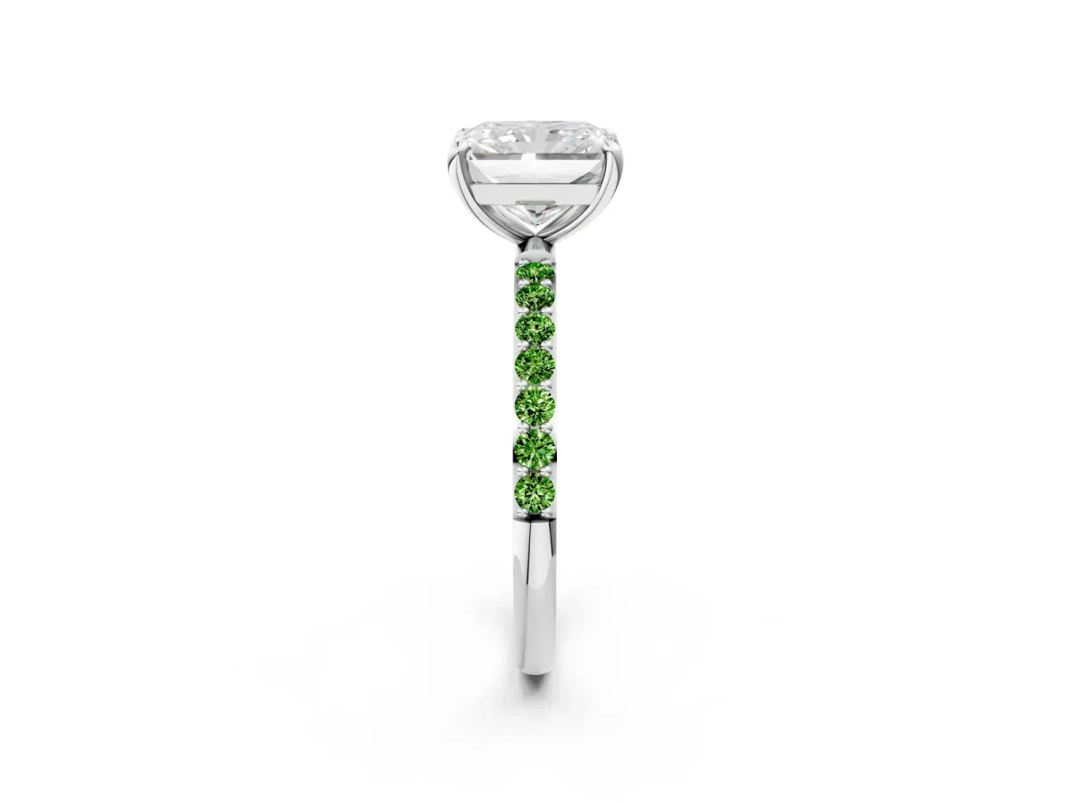 Radiant Cut Diamond Solitaire Ring with Round Peridot Pavé Band and Prong Setting Silver