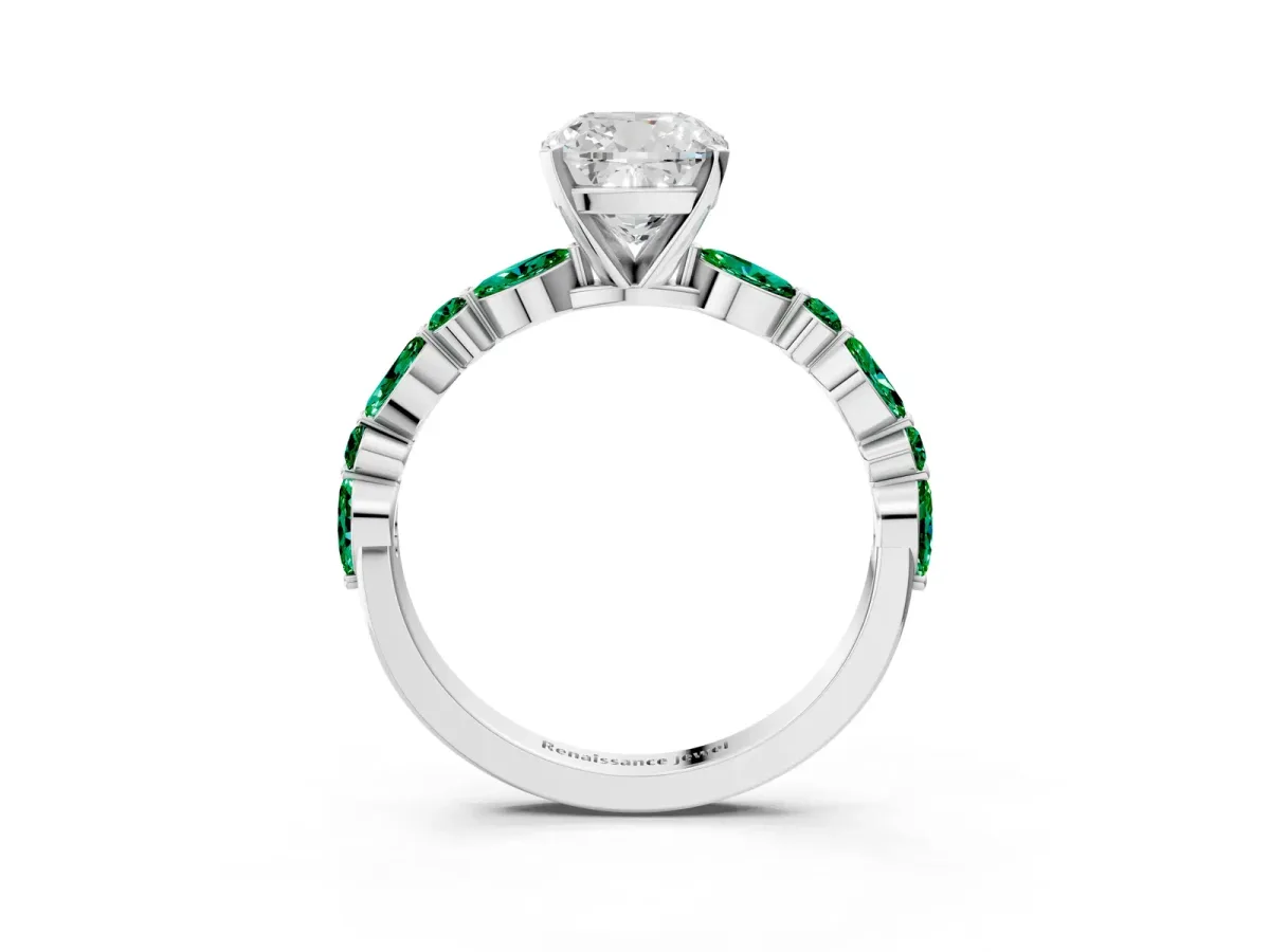 Cushion Cut Diamond Ring with Marquise and Round Emerald Side Stones and Four-Prong Setting Silver