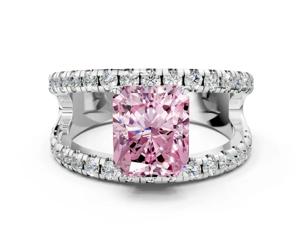 Fancy Pink Radiant Cut Solitaire Split Shank Pave Diamond Ring Platinum