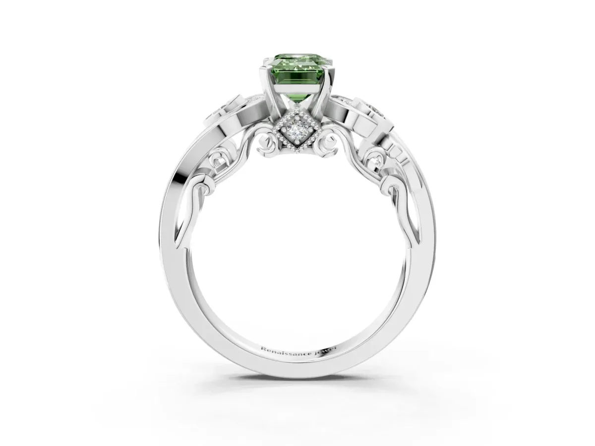 Fancy Green Emerald Cut Diamond Solitaire Ring with Milgrain Pavé Band and Four-Prong Setting Silver