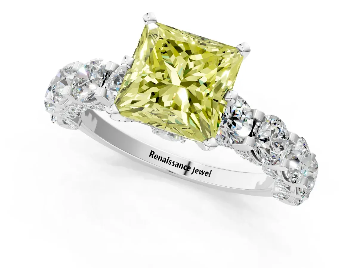 Fancy Yellow Princess Cut Diamond Side Stone Engagement Ring with Four-Prong Setting White gold