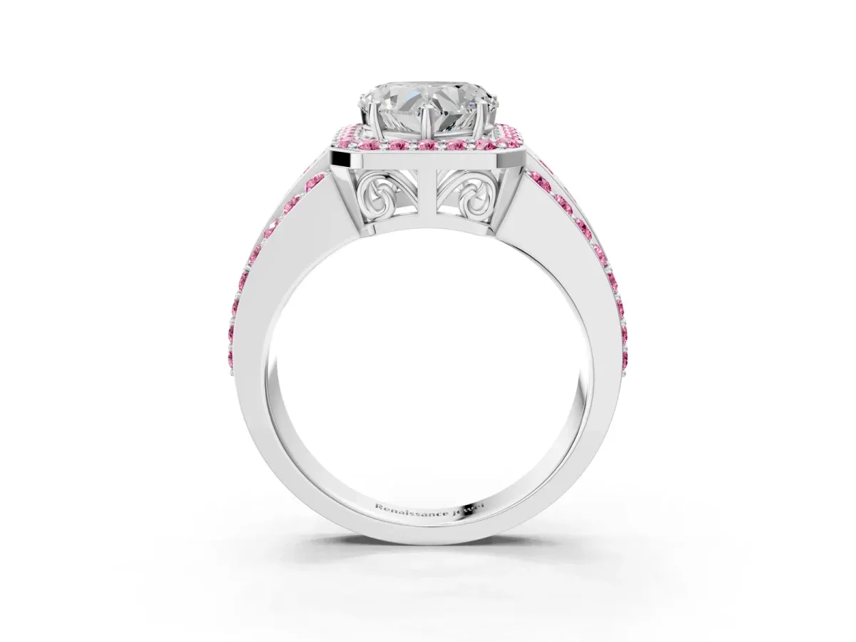 Heart Cut Halo Diamond Ring with Round Pink Sapphire Split Shank and Prong Setting Silver