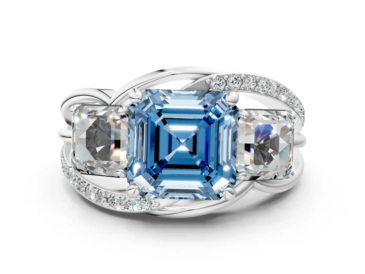 Fancy Blue Three-Stone Asscher Cut Cut Diamond Split Shank Prong Set Ring Platinum