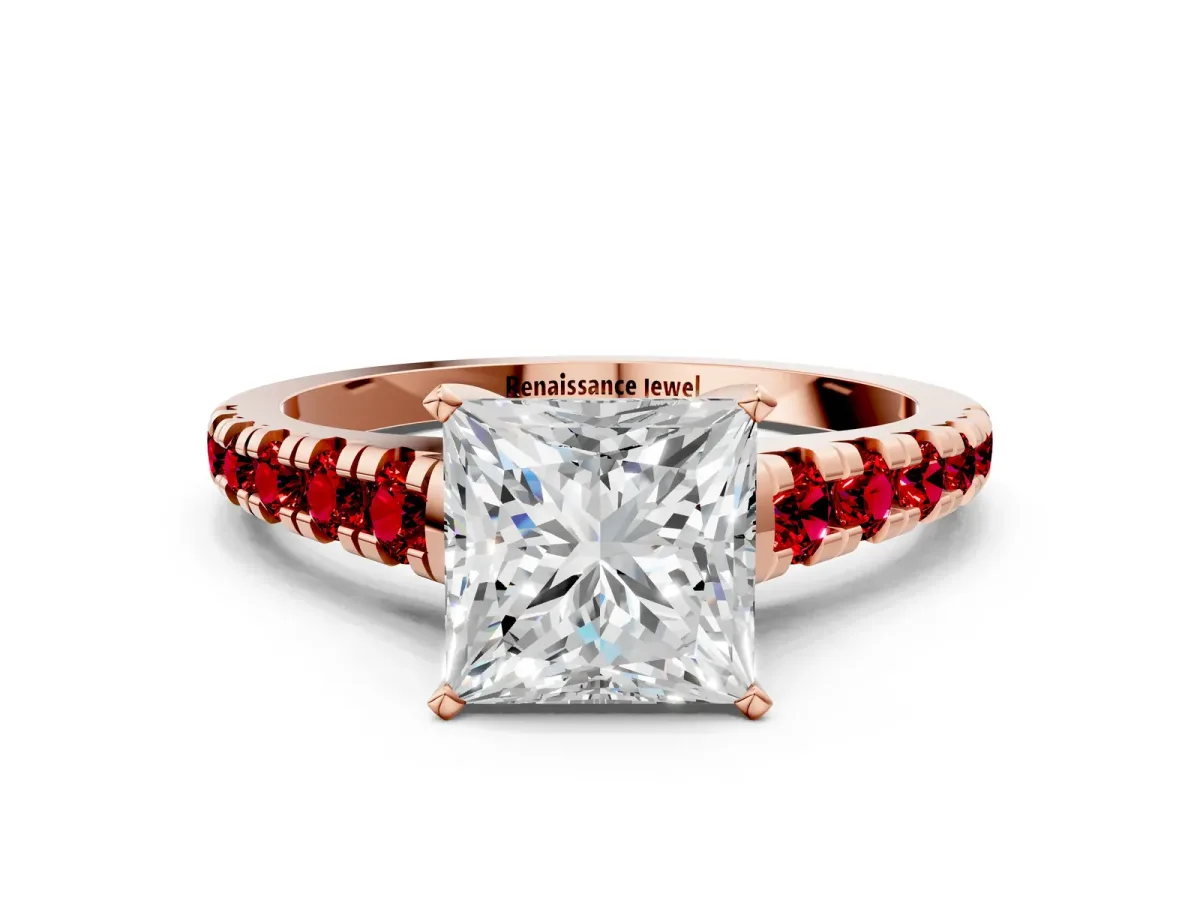 Princess Cut Diamond Cathedral Solitaire Ring with Round Ruby Pavé Band Rose gold