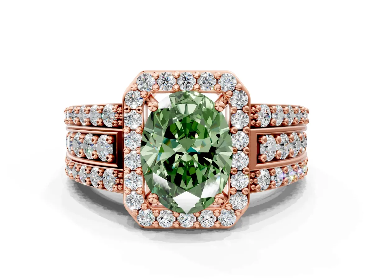 Fancy Green Oval Cut Halo Diamond Ring with Round Split Shank and Prong Setting Rose gold