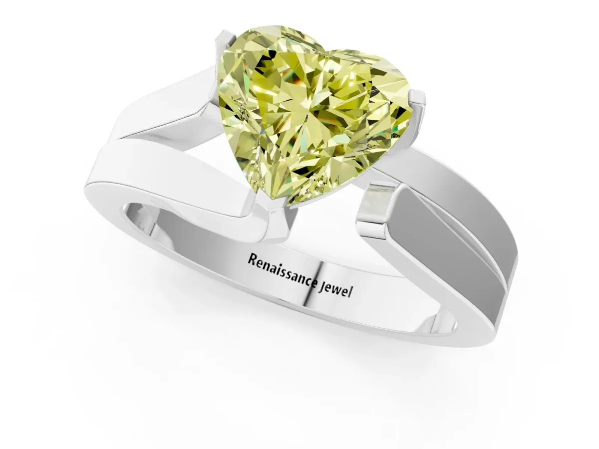 Fancy Yellow Modern Tension Set Heart Cut Diamond Solitaire Wide Band Ring Silver