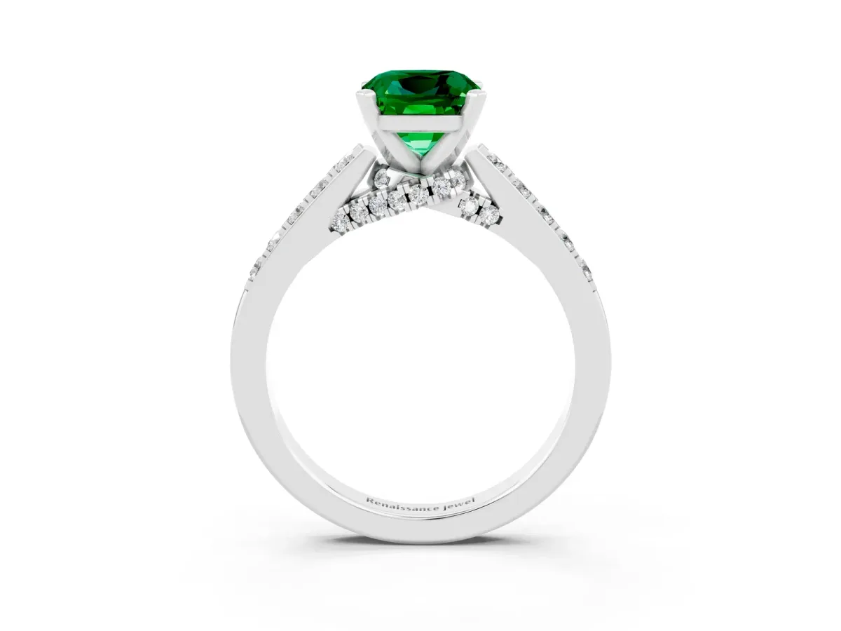 Cushion Cut Emerald Solitaire Ring with Crossover Gallery and Round Pavé Band Silver