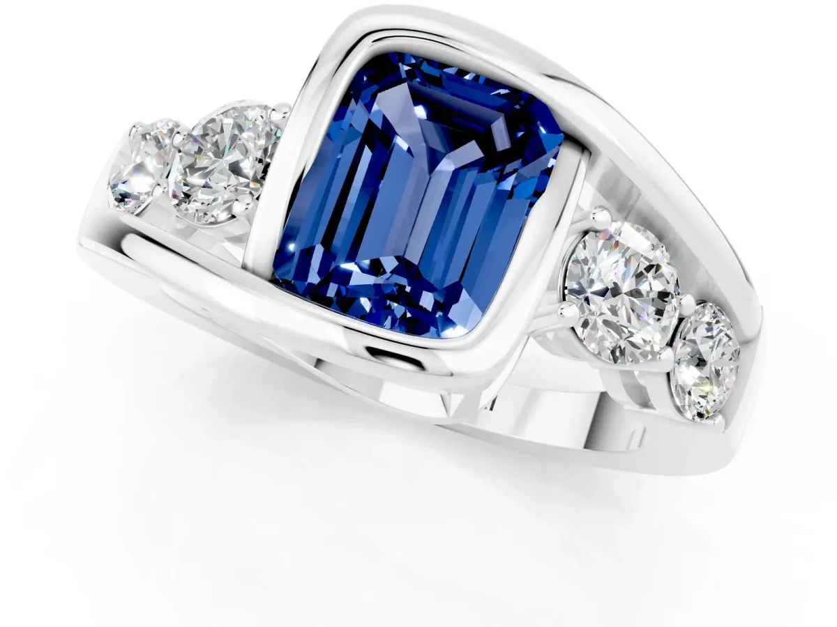 Bezel Set Emerald Cut Blue Sapphire Bypass Ring with Round Accents Platinum