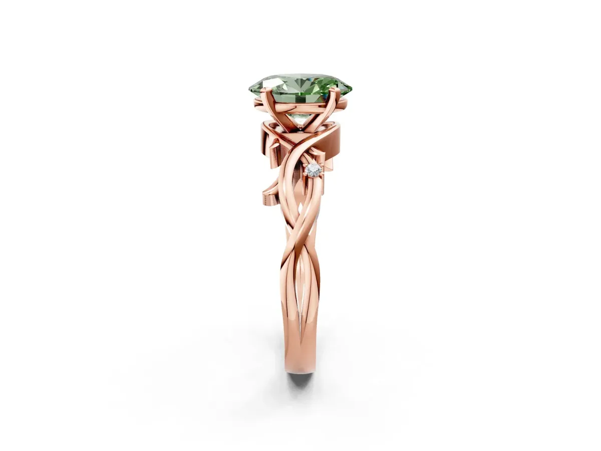 Fancy Green Oval Cut Diamond Solitaire Ring with Twisted Band and Prong Setting Rose gold