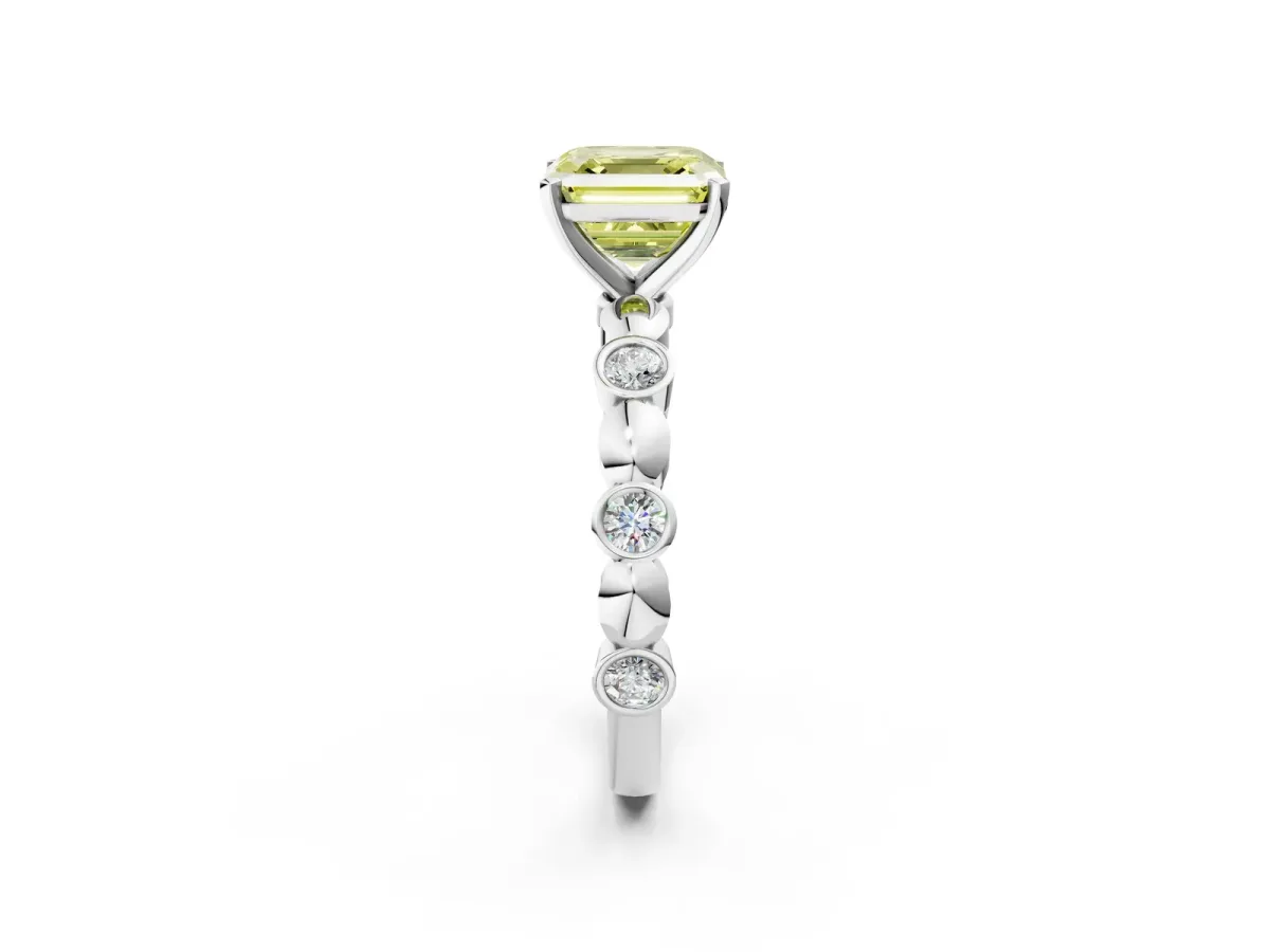 Fancy Yellow Asscher Cut Solitaire Bezel-Set Diamond Ring with Beaded Band and Four-Prong Setting Platinum