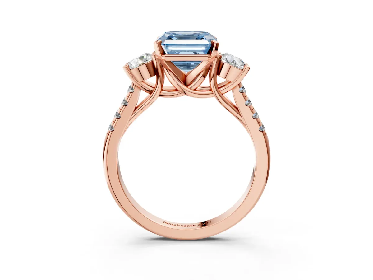 Fancy Blue Three-Stone Asscher Cut Diamond Pavé Band with Four-Prong Setting Rose gold