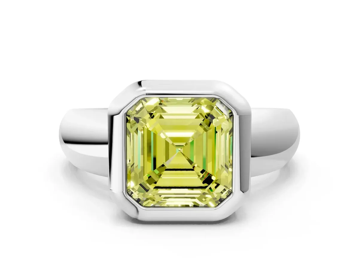Fancy Yellow Bezel Set Asscher Cut Solitaire Ring with Wide Band Platinum