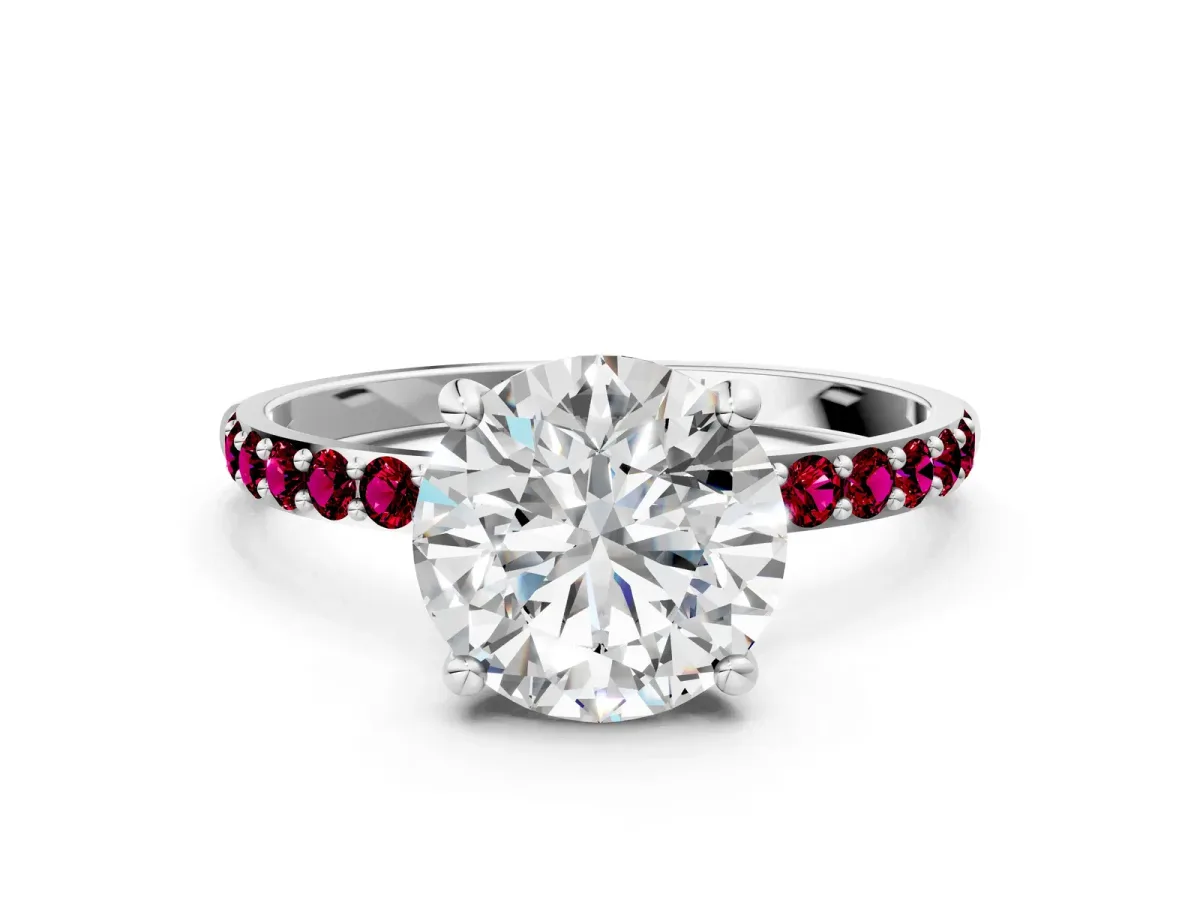 Round Cut Diamond Solitaire Ring with Round Garnet Pavé Band and Prong Setting Silver