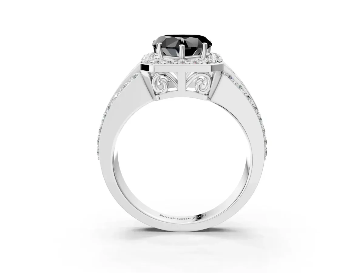 Fancy Black Heart Cut Halo Diamond Ring with Round Split Shank and Prong Setting Silver
