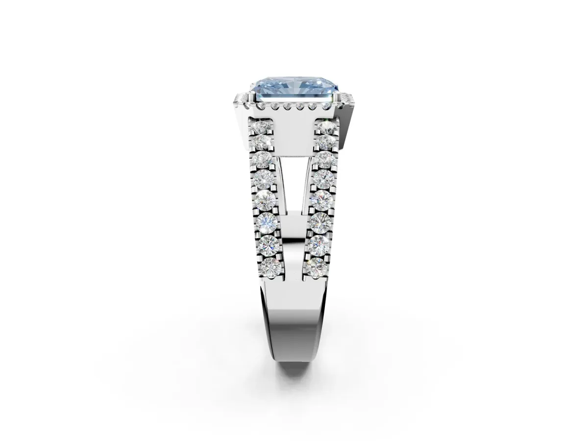 Fancy Blue Radiant Cut Cut Halo Split Shank Diamond Ring with Four-Prong Setting Platinum