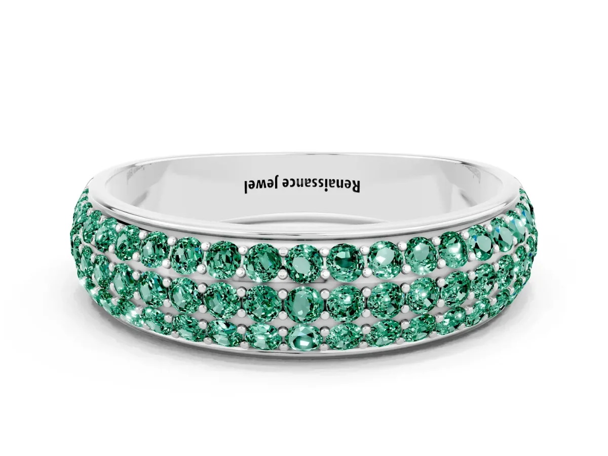 Three-Row Round Green Sapphire Eternity Band with Shared Prong Setting White gold