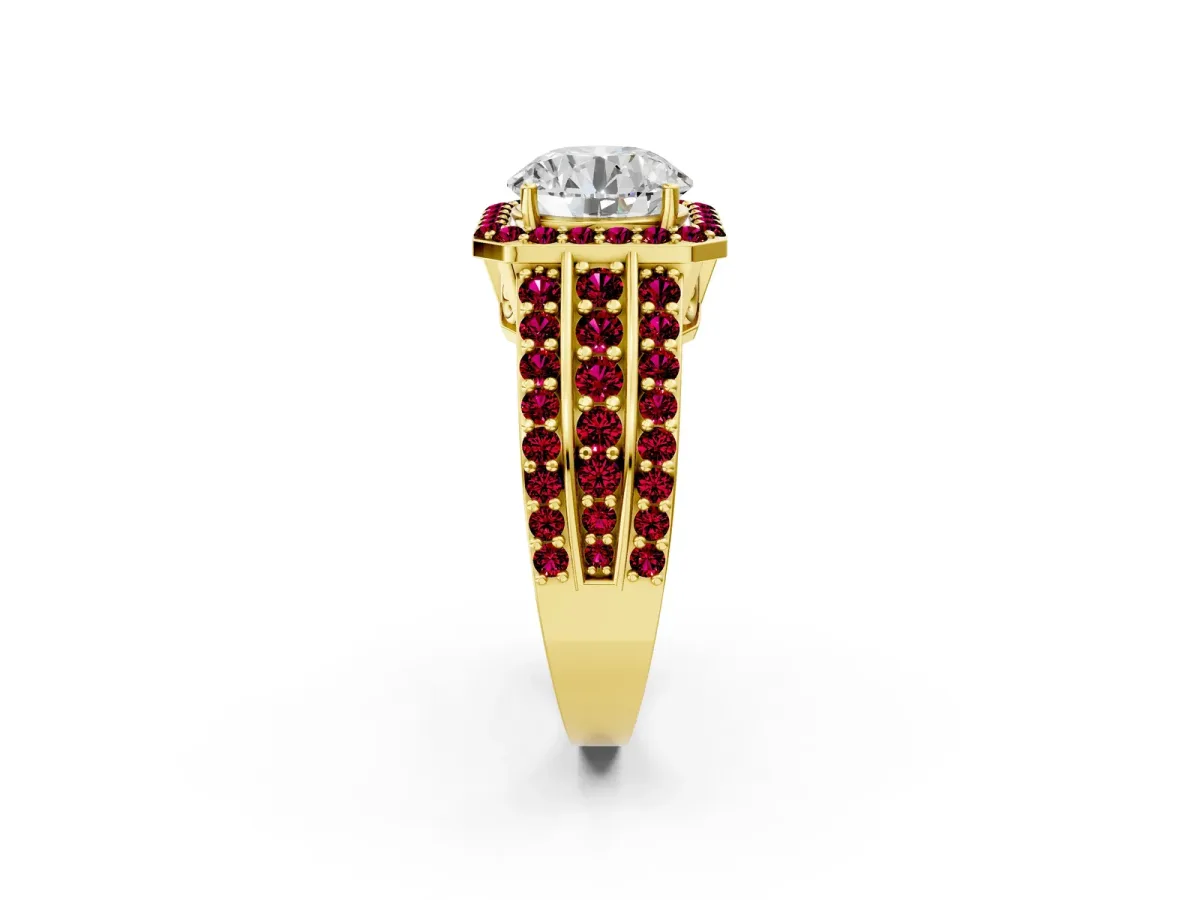 Round Cut Halo Diamond Ring with Round Garnet Split Shank and Prong Setting Yellow gold