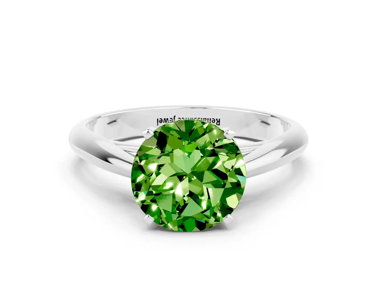 Round Cut Peridot Solitaire Engagement Ring with Cathedral Setting and Four-Prong Mount White gold