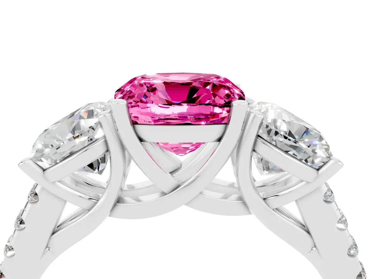 Three-Stone Cushion Cut Pink Sapphire Ring with Round Pavé Band and Prong Setting Silver