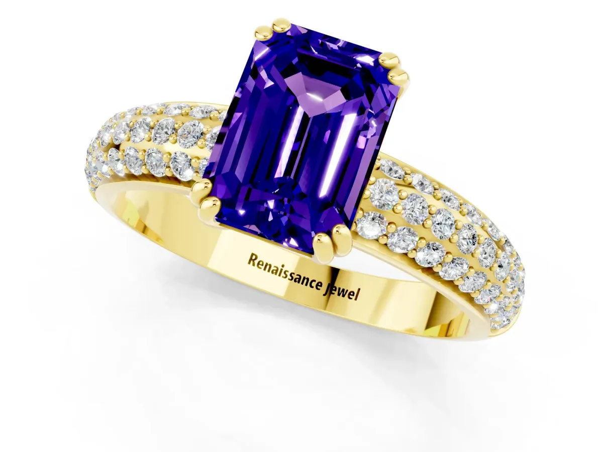 Emerald Cut Tanzanite Vintage Milgrain Ring with Round Stations Yellow gold