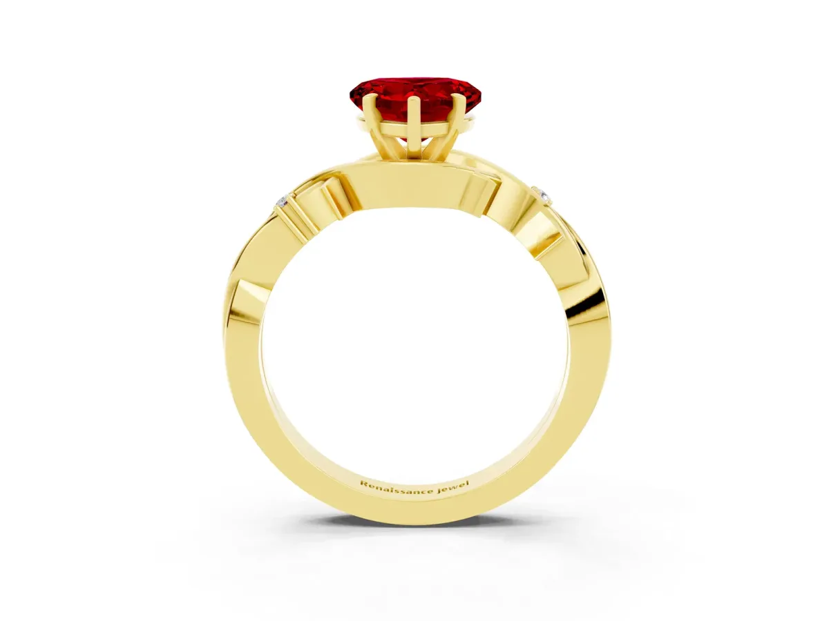 Heart Cut Ruby Solitaire Ring with Twisted Band and Prong Setting Yellow gold