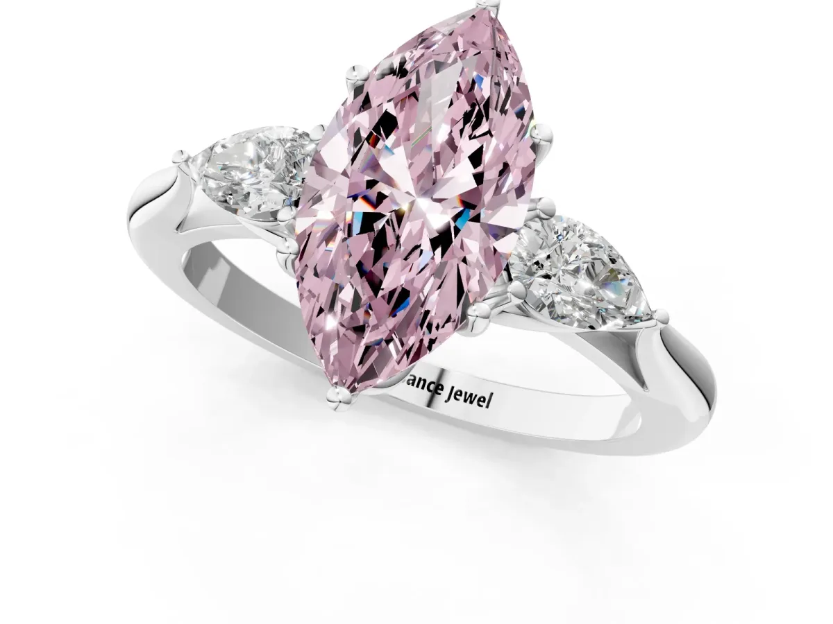 Fancy Pink Marquise Cut Diamond Three-Stone Ring with Pear Side Stones and Prong Setting White gold